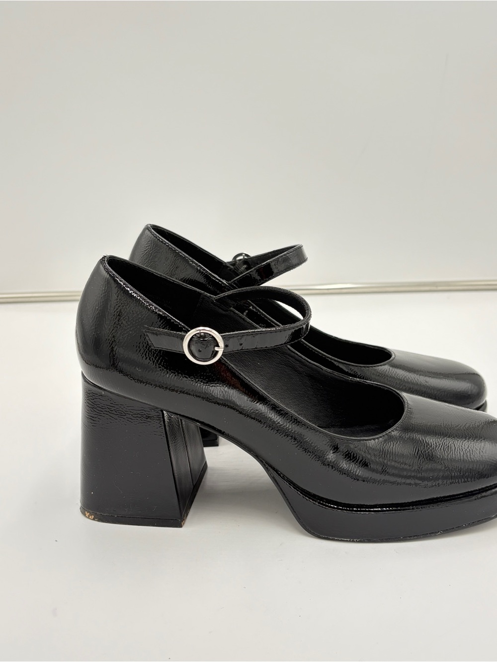 Steve Madden Mingle Mary Jane Platform Chunky Heels Black Faux Patent Leather 10